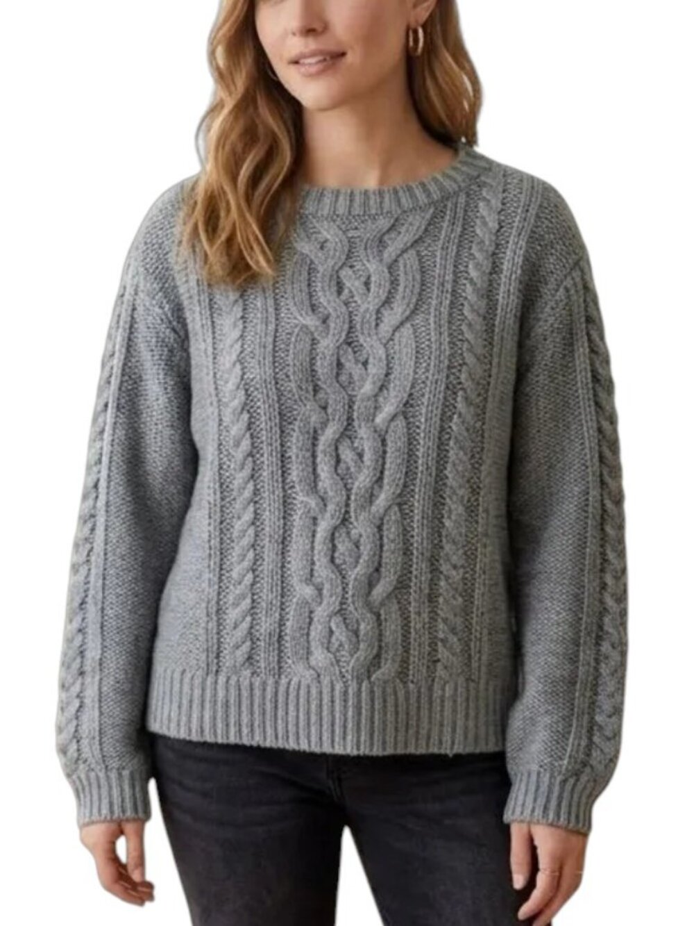 Wooden Ships Cable Knit Solid Oversized Cropped Relaxed Fit Sweater Top S/M